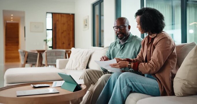Upset, couple and argue with document in home for finance error, payment fail and debt pressure. Mature man, african people and conflict for mortgage notice, financial bankruptcy and eviction warning