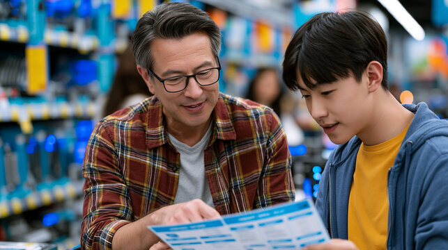 Crowded Fathers Day hardware store aisle where a father and teenage son examine hydrogen home fuel cell units on display, comparing spec sheets, ideal for consumer energy, home sustainability, and m