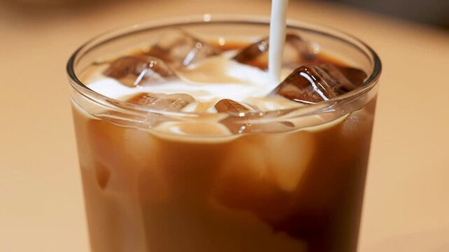 Refreshing Iced Coffee Beverage Preparation With Milk Pouring Over Ice Cubes In Close-Up Shot For Food And Beverage Content