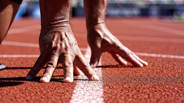 Athlete hands in starting position on running track ready for race
