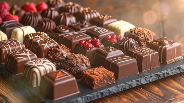 Delicious assortment of various chocolate candies and fresh red berries