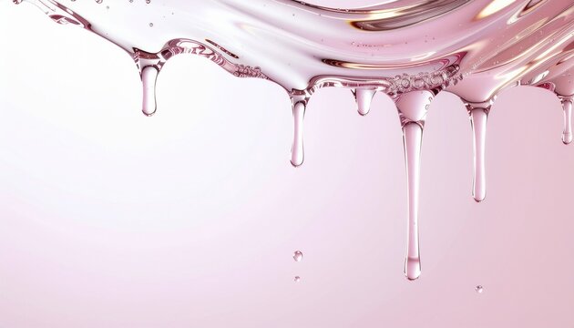 Dripping clear pink cosmetic serum liquid with bubbles from top for skincare concept　上部から滴る透明感のあるピンクの美容液と気泡（スキンケア・化粧品イメージ）