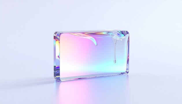 Iridescent transparent glass block with dripping liquid serum on pastel background　オーロラグラデーションが美しい透明なアクリルブロックと滴る美容液　イラスト