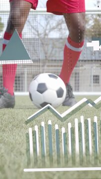 Vertical video: Right-foot touching ball player dribbling pushing at goal, sports charts overlaying