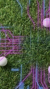 Vertical video: Neon traces forming across grass as blue lines, code filling, balls moving, mapping