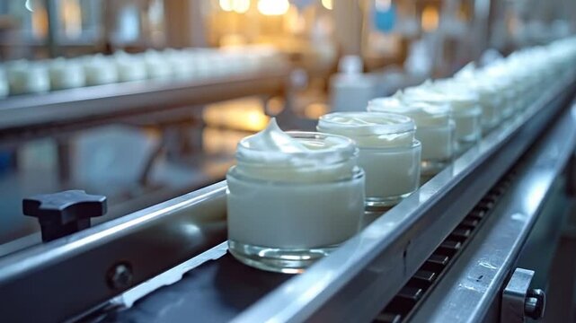 Cosmetic cream jars moving along a production line in a manufacturing facility