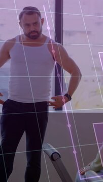 Vertical video: Trainer entering, teaching one-leg balance by bench for fitness, AR grid overlaying
