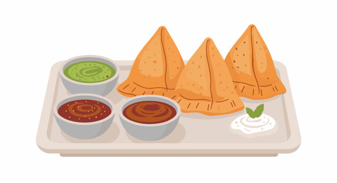 Delicious triangular savory pastry snacks served with various dips and yogurt