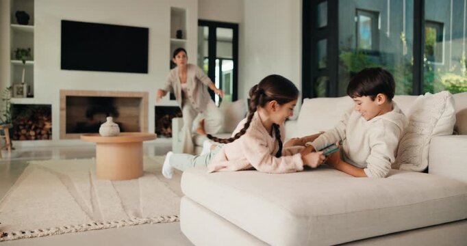 Children, mom and fighting on sofa with tablet for conflict, boundaries or possession in home. Siblings, kids or argument with mother or technology on couch for screen time, control or dispute