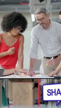 Vertical video: UX team leaning at table, moving notes while SHARE bubbles sliding in, prepping ad