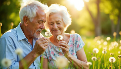Fototapeta premium Elderly couple blows on dandelions in green grass field. Man and woman share tender moment in nature enjoying warm sunlight together outside.