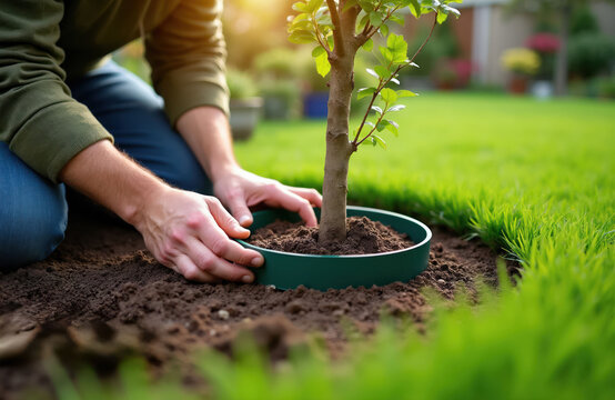 Man plants small tree, using green plastic ring around base. Gardener works soil, caring for new plant in sunny backyard. Green lawn, healthy nature, outdoor leisure.