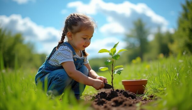 Young girl plants small tree in garden. She smiles while digging earth with trowel. Child cares for green plant. Outdoors activity on sunny day.