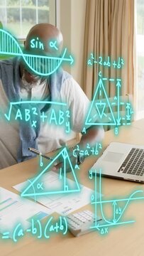 Vertical video: Senior man tapping calculator as math diagrams rising over desk and aiding study