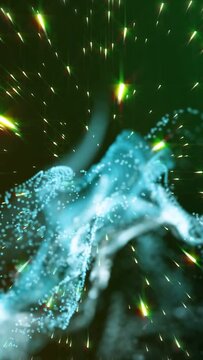 Vertical video: Pale cyan flare sparking particle ribbons, filament rising and curling to add depth