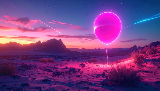 Neon Pink Balloon in Desert Landscape at Sunset.