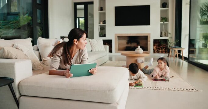 Children, online and woman with tablet in family home, reading ebook and chilling with entertainment. Browse, novel and mature person with tech on sofa, mom and learning skill with knowledge in house