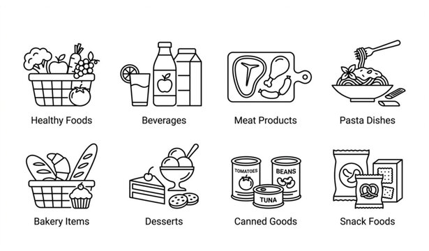 Modern grocery food outline icon collection with snacks beverages fruits and meat editable vector symbols