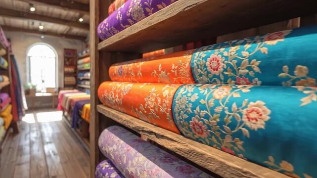Colorful fabric rolls displayed on shelves inside a bright, well-lit shop