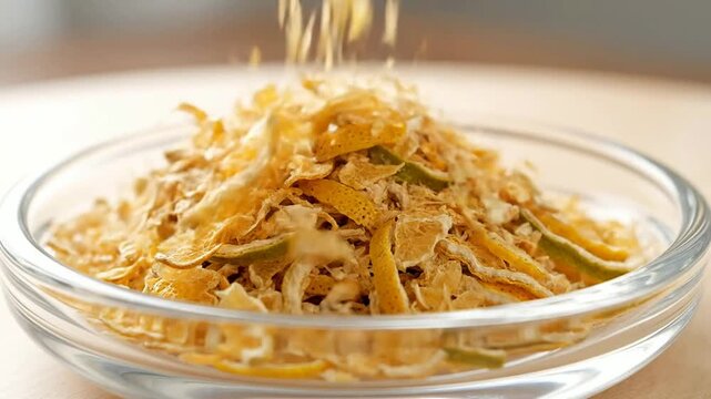 Slow Motion Footage of Citrus Zest Sprinkled Over a Delicate Culinary Presentation in a Clear Glass Dish