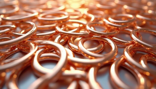 Close up view of many shiny copper rings. Metal loops create abstract background pattern. Soft light shines on glossy metallic surface creating warm orange and gold hues.