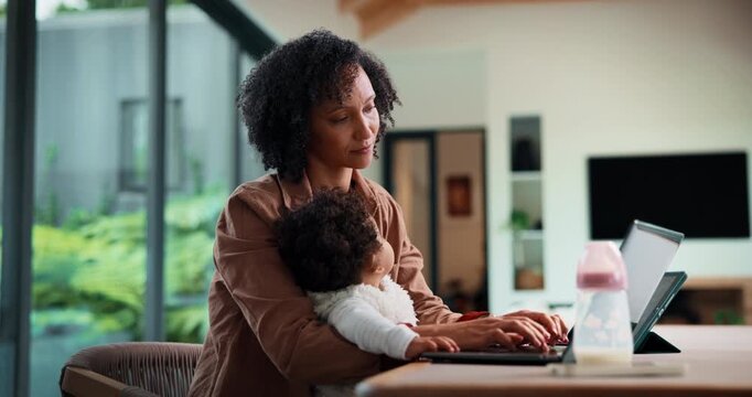 Laptop, woman and remote work with baby in home for online campaign, multitask or mom life balance. Freelance marketer, mother or typing for market research, productivity or kiss infant for attention