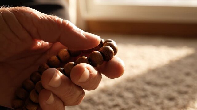 Close-up of an elderly person hands counting wooden prayer beads for meditation