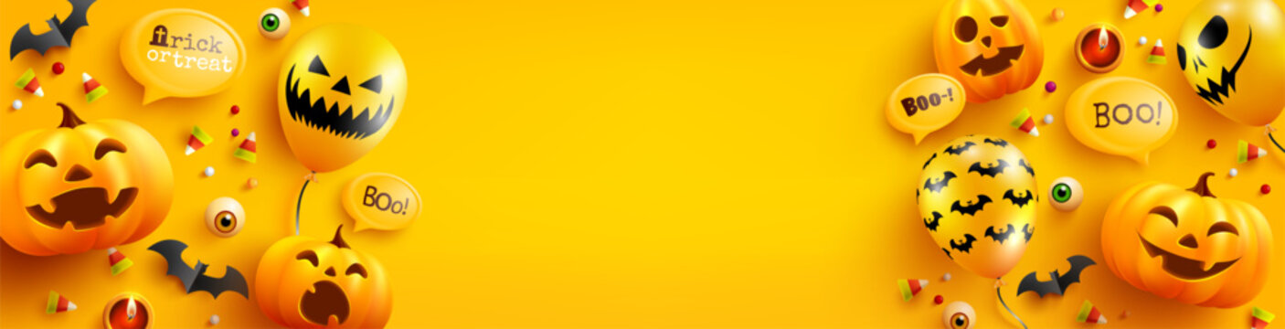 Halloween poster and banner template with cute halloween pumpkin,bat,candy and ghost balloons on yellow background. Website spooky,Background or banner Halloween template.