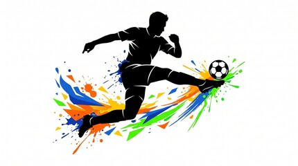 Fototapeta premium Soccer player kicks ball with colorful splashes around