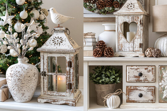 White shabby chic Christmas diptych decor with distressed lantern ceramic vase rustic cabinet and pine cones.