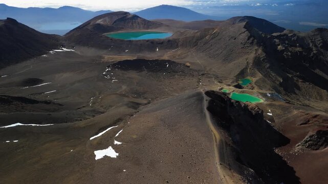 Aerial Tongariro Crater Lake Mount Ngauruhoe Wide Panorama New Zealand