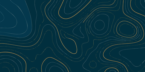 abstract topographic map illustration with flowing golden lines on dark teal background © Pabitra