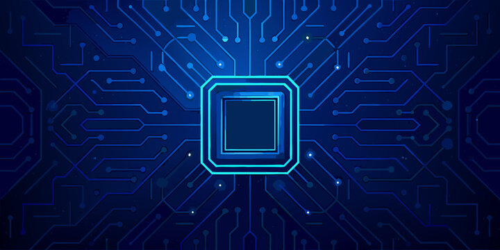 abstract circuit board pattern with glowing central microchip blue technology background