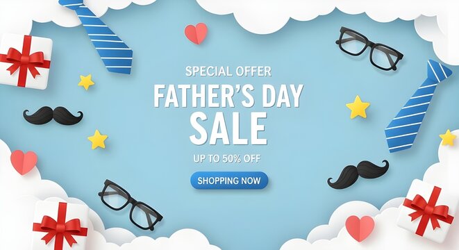 Fathers day sale banner with gift boxes, ties, glasses, and mustaches on a blue background