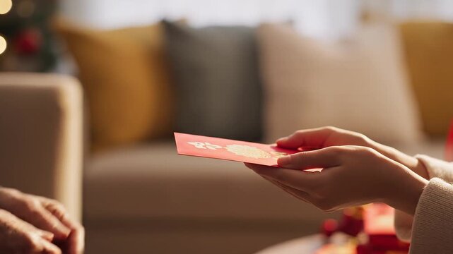 Elderly Person Handing Red Envelope to Youth for Lunar New Year