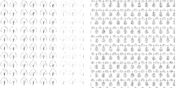 Hand drawn tree sketches and pine tree illustrations in grayscale seamless pattern