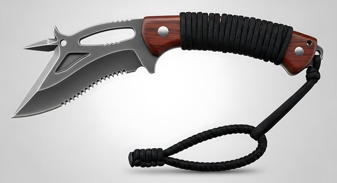 Tactical survival knife with paracord wrap and wooden handle on white background