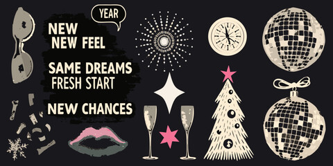 new year celebration collage with festive elements and handwritten typography on black © Pabitra
