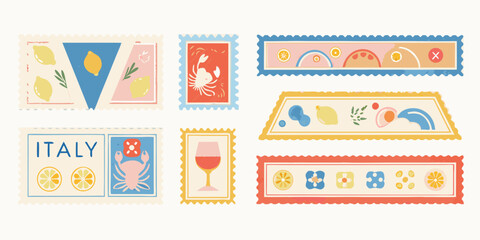 Collection of vintage inspired postage stamps with italian summer themes and colorful illustrations © Pabitra