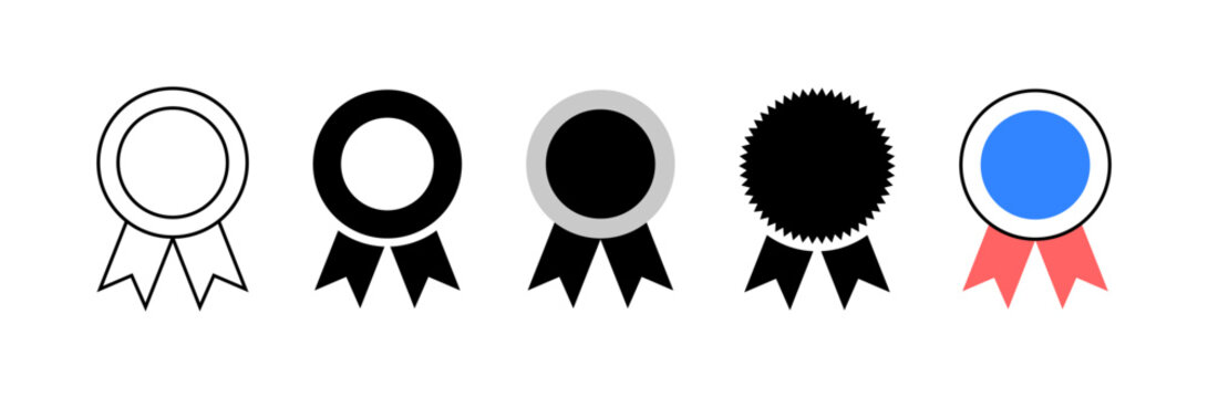 Award ribbon icon set with prize medal rosette in line flat and solid vector styles