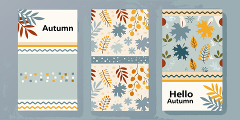 Obraz premium Autumn themed vector templates with leaves and floral elements seasonal design set