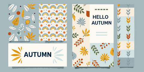 Obraz premium Autumn themed design templates with floral elements and geometric patterns illustrated style
