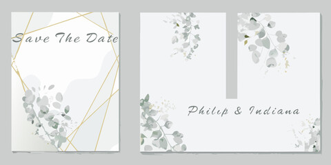watercolor eucalyptus and gold foil triptych elegant wedding invitation design © Pabitra