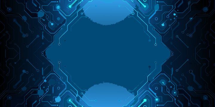 abstract blue circuit board pattern with symmetrical framing and central space
