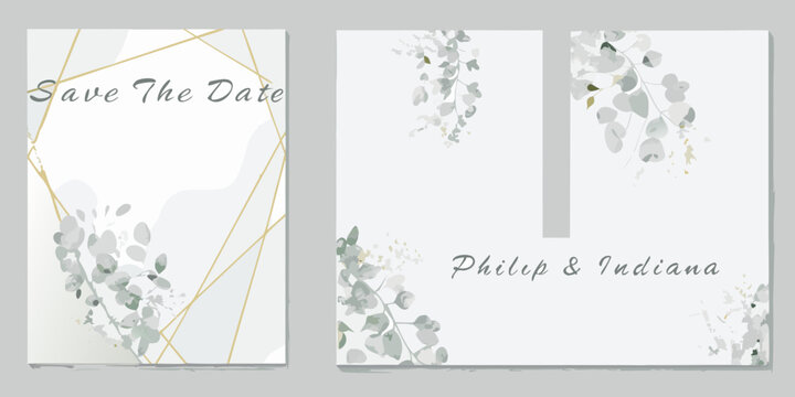 watercolor eucalyptus and gold foil triptych elegant wedding invitation design