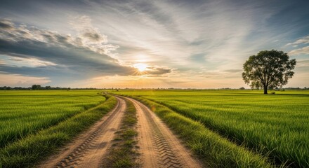 Naklejka premium A winding dirt road through a lush green field under a dramatic sunset sky