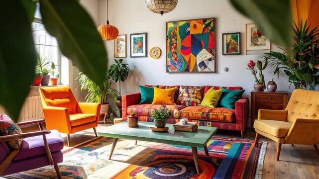 A colorful living room with furniture and decorative items is displayed