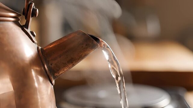 Closeup of steaming copper kettle pouring hot water for tea preparation.