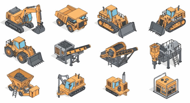 Collection of isometric construction and mining heavy machinery vehicles and equipment.