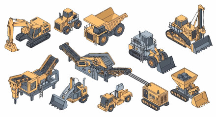 Collection of isometric construction and mining heavy machinery vehicles and equipment. © Buka